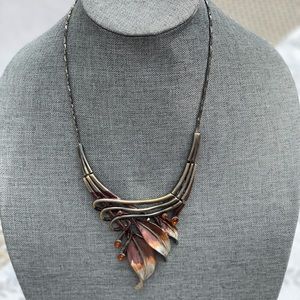 1980’s Bronze Tone Leaf Necklace with Rhinestones- nice and heavyweight